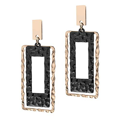 555Jewelry Stainless Steel Double Rectangle Hammered Dangle Earrings Drop Earrings for Women Big Earrings for Women Hanging Earrings for Women Rose Gold/Black