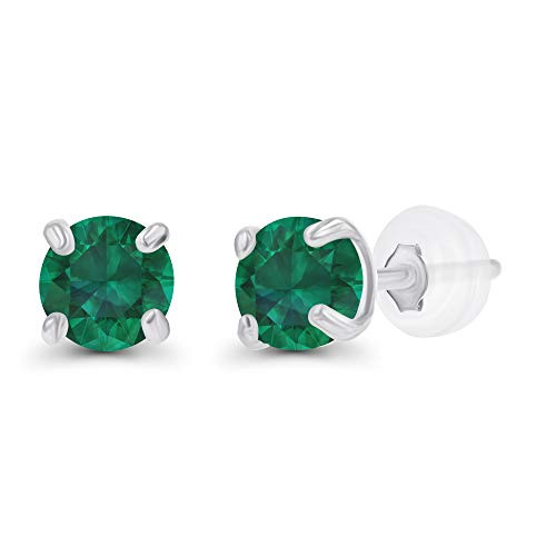 Sterling Silver Rhodium 3mm Round Created Green Emerald May Birthstone Stud Earrings For Women