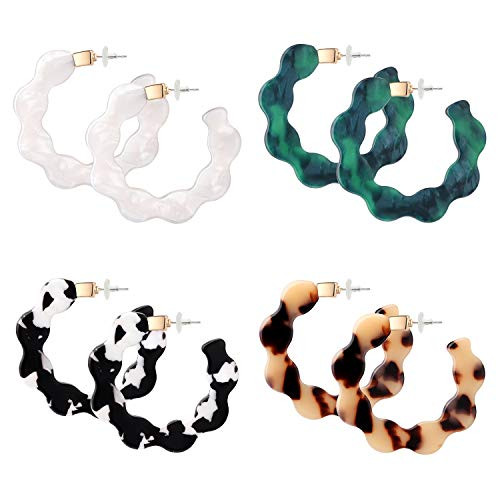 Finrezio 4 Pairs Mottled Acrylic Hoop Earrings for Women Lightweight Bohemian Jewelry Shell Resin Wave Statement Earrings Set