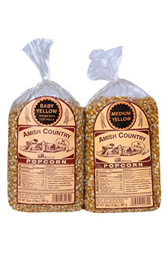 Amish Country Popcorn - 2 -2 lb Bags - 2 lb Baby Yellow and 2 lb Medium Yellow Popcorn Kernels - Old Fashioned with Recipe Guide