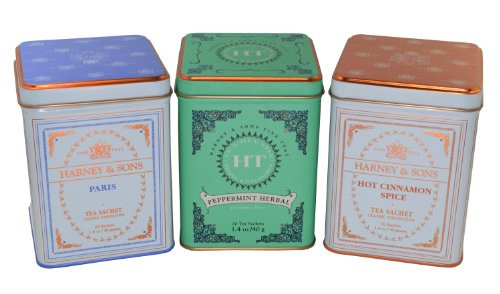 Harney & Sons Fine Tea Sachet Collection - Hot Cinnamon Spice 1.4 Ounce, Peppermint Herbal 1.2 Ounce, and Paris 1.4 Ounce - Classic Tin of 20 Sachets - 3-Pack Harney & Sons Fine Tea Sachet Collection - Hot Cinnamon Spice 1.4 Ounce, Peppermint Herbal 1.2 Ounce, and Paris 1.4 Ounce - Classic Tin of 20 Sachets - 3-Pack