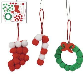 PWS Sales Pom-Pom Christmas Ornaments Craft Kit for Kids-Stocking Wreath Candy Cane Shapes-Makes 12