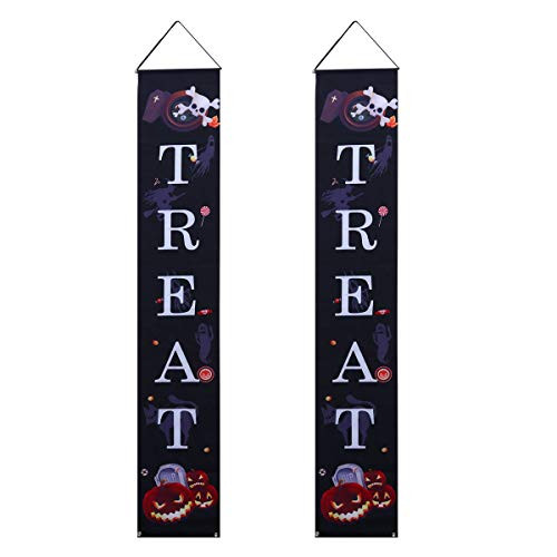 Amosfun Halloween Decoration Trick or Treat Sign Treat Porch Sign Halloween Front Door Curtain Decoration Home Door Banner Halloween Hanging Sign
