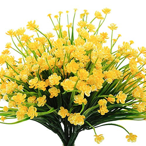 Outdoor Artificial Fake Flowers UV Resistant Faux Plants Plastic Flower Artificial Flowers for Indoor Outside Wedding Farmhouse Decor -8PCS Yellow-