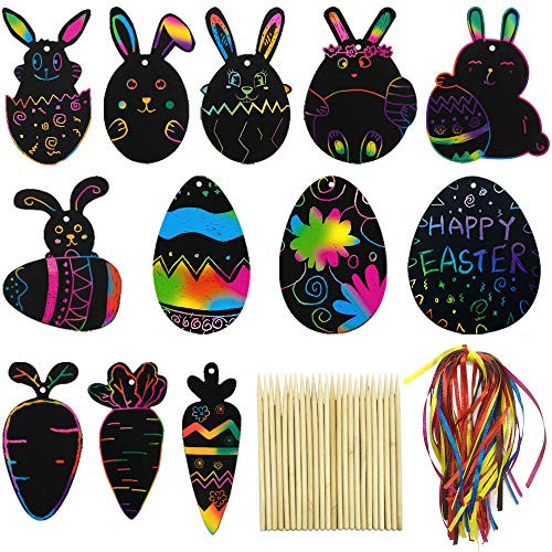 48 Pcs Easter Scratch Paper Rainbow Color Scratch Ornaments Easter Day Ornaments Hanging Craft Art Kits with Wooden Stick and Ribbon for Kids Easter Party Favors Decorations