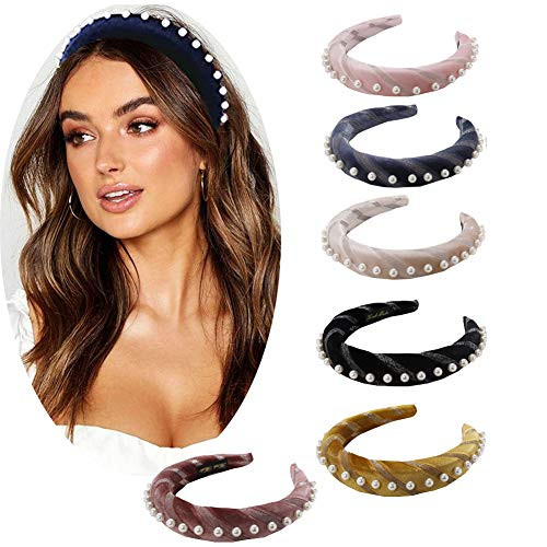 Headbands for Women 6 Pack Velvet Sponge Thick Hairbands Wide Headbands Knot Turban Headband Vintage Hairband with Faux Pearl Hair Hoop Headwrap Headwear for Women Girls Hair Accessories