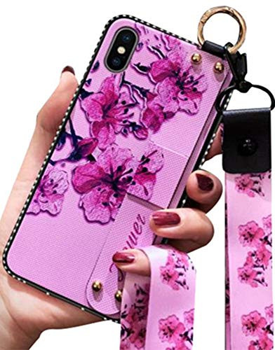 Aulzaju iPhone 11 Pro Max Case for Women Flower Design iPhone 11 Pro Max Soft Silicone Kickstand Case with Wrist Strap iPhone 11 Pro Max Cute Diamond Case for Girls with Ring Crossbody Lanyard Case