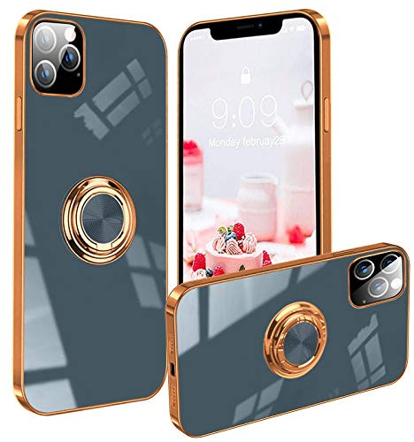 Designed for iPhone 12 Pro Max Case Slim with Ring Holder Kickstand Thin Soft TPU Silicone Cover Electroplate Edge Anti-Yellow Cute Case for iPhone 12 Pro Max Case Gray Blue6.7inch