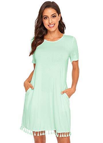 Romwe Womens Summer Short Sleeve Pocket Tassel Hem Loose Tunic T-Shirt Dress Green XXL