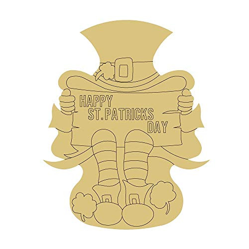 Leprechaun Design by Lines Cutout Unfinished Wood Leprechaun Lucky 4 Leaf Clover Gold St Patricks Day Door Hanger MDF Shape Canvas Style 2 Art 1 -12 inch-