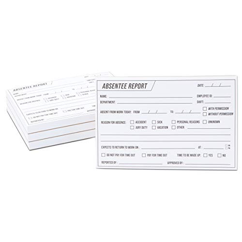 Absentee Report Forms for Work and School 5 Pads -6 x 4 in 500 Sheets-