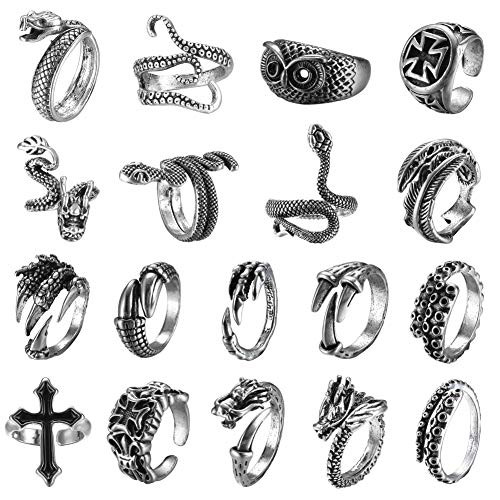YADOCA 12-18Pcs Vintage Punk Rings for Men Women Cool Snake Octopus Dragon Snake Claw Skull Rings Open Adjustable Ring Set Gothic Jewelry