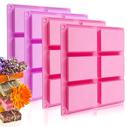 4 Pack Silicone Soap Molds Owlbbabies 6 Cavities Rectangle Silicone Soap Molds DIY Handmade Soap Mold Baking Cake Pan for Bundt Cake Cupcake Muffin Coffee Cake Pudding -Purple  and  Pink-