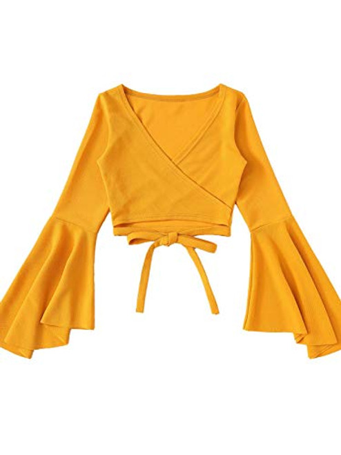 SOLY HUX Womens Surplice V-Neck Long Bell Sleeve Wrap Tie Back Crop Top Blouse Yellow L SOLY HUX Womens Surplice V-Neck Long Bell Sleeve Wrap Tie Back Crop Top Blouse Yellow L