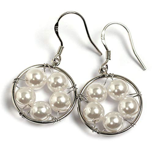 Handmade Pearl Earrings Platinum Plated 925 Sterling Silver Hook Wire Wrapped Dangle Drop Earrings/Five Pearl in Circle
