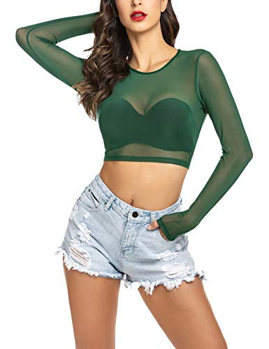 Avidlove Long Sleeve Sheer Crop Tops for Women Mesh Shirt See Through Top Green L