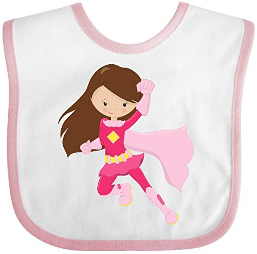 Inktastic Superhero Girl Brown Hair Pink Costume Baby Bib White and Pink 3c0f4