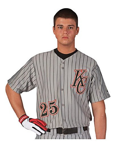 Rawlings Youth Full Button Pinstriped RYBBJ95 Jersey, Dodger Grey with Navy Pinstripes, Youth Medium