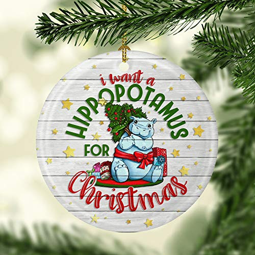 Lplpol I Want A Hippopotamus for Christmas Ornament Keepsake  Holiday Flat Circle Porcelain Ceramic Ornament