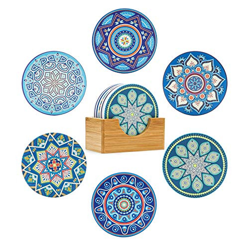 ComSaf Coasters for Drinks Absorbent Coaster with Holder Set of 6 Mandala Style Ceramic Coaster with Cork Base Tabletop Protection Coaster Gift for Housewarming Home Bar Decor Bohemiya BOHO 4 Inch