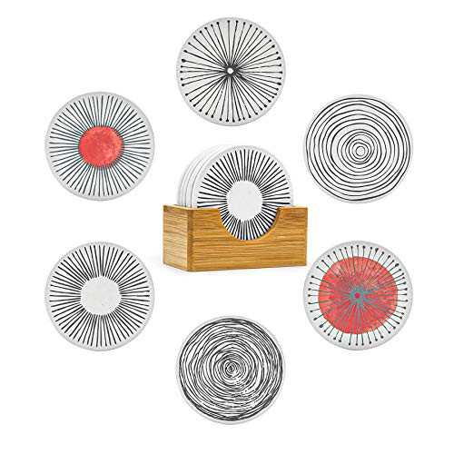 ComSaf Coasters for Drinks Absorbent Coaster with Holder Set of 6 Ceramic Stone Coaster with Cork Base Tabletop Protection Coaster for Glass Cups Mugs Gift for Housewarming Home Decor 4 Inch