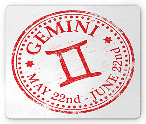 Ambesonne Zodiac Gemini Mouse Pad Weathered Old Rubber Stamp Design Vintage Circle Stars Sign and Dates Rectangle Non-Slip Rubber Mousepad Standard Size Scarlet and White