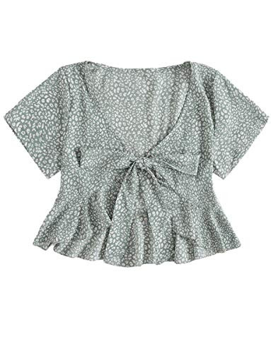 Romwe Womens Allover Print Short Sleeve Tie Knot Front Ruffle Peplum Crop Tops Blouse Green M