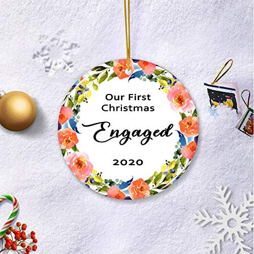HaiGuoQu Our First Christmas Engaged - Christmas Ornament - Holiday Ceramic Keepsake 3 inch Flat Circle Porcelain - Ceramic Disk - Christmas Tree Ornament - Gifts Idea for Christmas Keepsake Presents