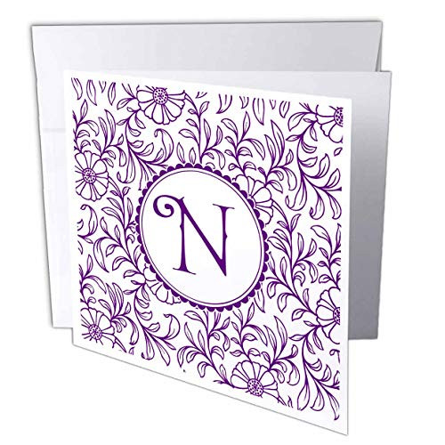 3dRose Russ Billington Monograms- Swirly Floral- Letter N - Letter N in Circle Over Swirly Floral Pattern in Purple and White - 1 Greeting Card with Envelope -gc_298832_5- 3dRose Russ Billington Monograms- Swirly Floral- Letter N - Letter N in Circle Over Swirly Floral Pattern in Purple and White - 1 Greeting Card with Envelope -gc_298832_5-