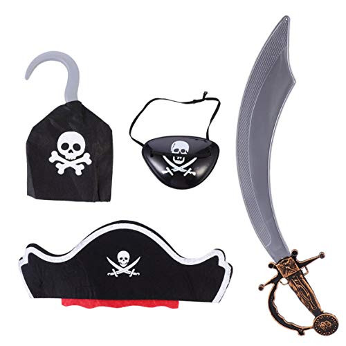HEALLILY Halloween Pirate Costume Set with Hook Eye Patch Headdress Cutlass Captain Masquerade Cosplay Cloth Pirate Role Play Dress Up for Performance Props Tools