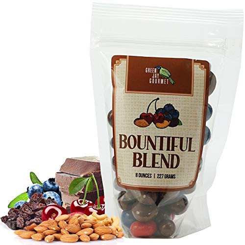 Green Jay Gourmet Chocolate Fruit  and  Nut Mix - Handmade  and  Fresh Milk Chocolate Covered Nuts Cherries and Blueberries - Great Gift for Chocolate Lovers - 8 Ounce Resealable Bag