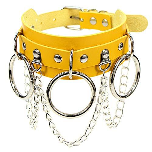 Women Girls Leather Choker Collar Necklace Vintage Gothic Punk Rock Rivet Necklace -Yellow-