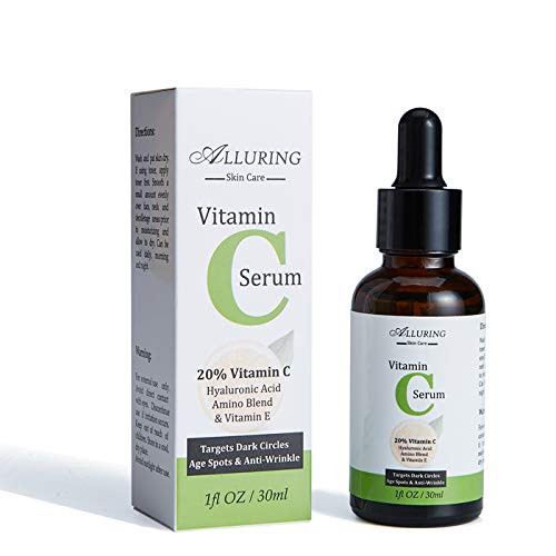 Alluring Vitamin C Facial Serum with Hyaluronic Acid Vitamin E 1 fl oz 30ml for Acne Anti Wrinkle Anti Aging Fades Age Spots Hyperpigmentation and Dark Circle Alluring Vitamin C Facial Serum with Hyaluronic Acid Vitamin E 1 fl oz 30ml for Acne Anti Wrinkle Anti Aging Fades Age Spots Hyperpigmentation and Dark Circle