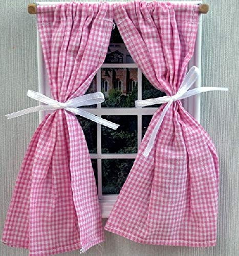 Melody Jane Dolls Houses Dollhouse Pink Gingham Curtains on Rail Tied Back Miniature 112 Accessory