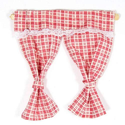 Melody Jane Dollhouse Red Cream Gingham Curtains Tied Back on Rail 112 Window Accessory