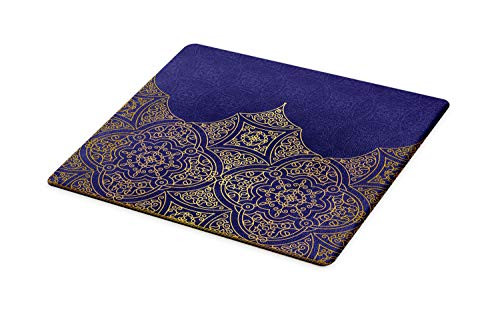 Lunarable Indigo Cutting Board, Middle Eastern Style Ornament Ottoman Moroccan Cultures Inspired Filigree Pattern, Decorative Tempered Glass Cutting and Serving Board, Large Size, Gold Indigo