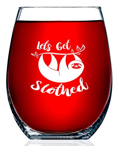Sloth Gifts  Lets Get Slothed  Funny Unique Novelty Stemless Wine Glass Birthday or Christmas Gifts For Her or Him Best Friend or Co-Worker  -15 OZ-