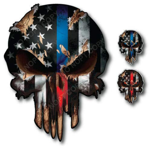 3X Thin Blue Red Line Skull American Flag Sticker Vinyl Decal Car Truck Window I Support Police and Firefighters - Peel and Stick 3M Vinyl with Bubble Free Adhesive