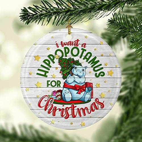POUDBDH I Want A Hippopotamus for Christmas Ornament Keepsake Holiday Flat Circle Porcelain Ceramic Ornament