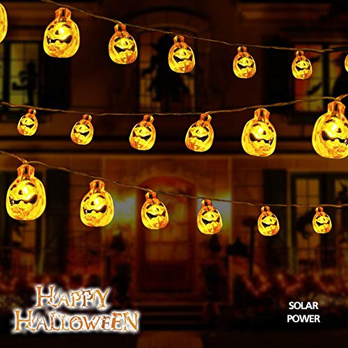 Greenke Halloween Decorations Pumpkin String Lights 19.6ft Solar String Lights Outdoor 8 Modes 30 LED Waterproof Lantern Lights for Halloween Patio Garden Gate Yard Party Decor -Warm White-
