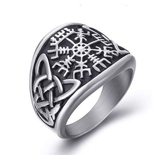 Elfasio Men Stainless Steel Rings Viking Norse Vegvisir Valknut Pirate Compass Text Symbol Vintage Jewelry Size 9