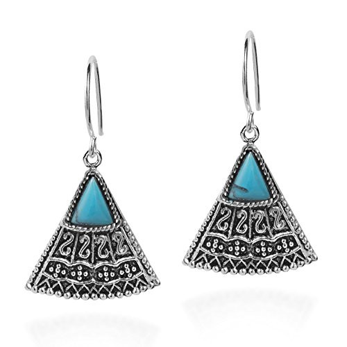 Balinese Art Triangle Shape Simulated Turquoise .925 Sterling Silver Dangle Earrings