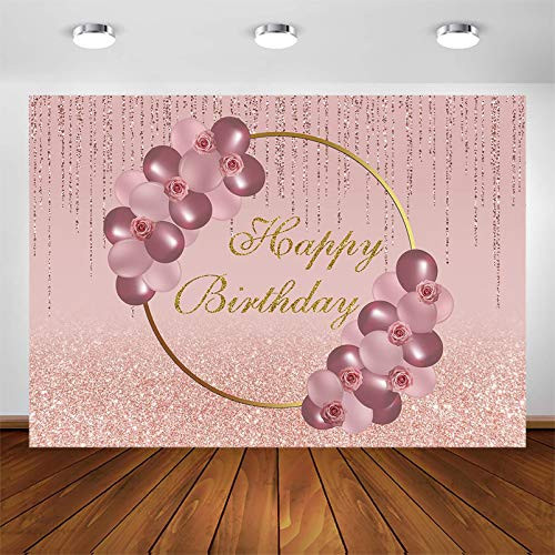 Avezano Rose Gold Birthday Party Backdrop for Women Girls Happy Birthday Party Banner Photoshoot Rose Gold Glitter Balloons Bday Party Decorations Photography Background Photo Booth Supplies -7x5ft-