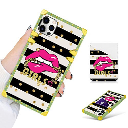 Bonoma iPhone 12 Pro Max Case 6.7 in 2020 with Wallet Card Holder Pink Lips Bite Chain Square Soft TPU Full Body Shockproof Protective Phone Case - Light Green