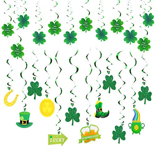 24 Pieces St. Patricks Day Party Decorations Shamrock Hanging Swirl Decorations Lucky Irish Shamrock Foil Swirl Green Clover Swirls for St. Patricks Day Party Home Ceiling Party Favors Supplies