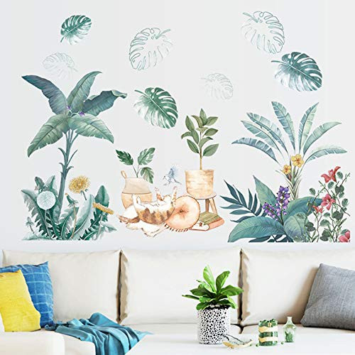 AuGcGoGo Wall Stickers Cat Green Plant Flowers Self Adhesive Wallpaper Art Decor Murals Sticker for Living Room Bedroom Home Decoration