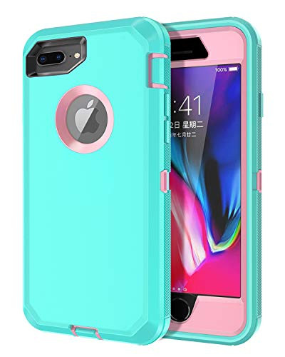I-HONVA for iPhone 8 Plus Case iPhone 7 Plus Case Built-in Screen Protector Shockproof 3-Layer Full Body Protection Rugged Heavy Duty Durable Cover Case for Apple iPhone 8 Plus/7 Plus Teal/Pink