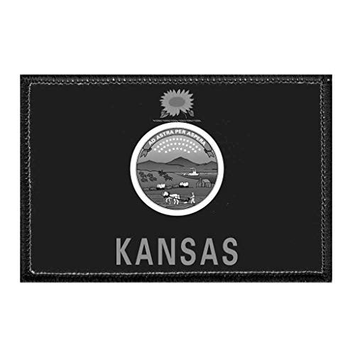 Kansas State Flag - Black and White Morale Patch - Hook and Loop Attach for Hats Jeans Vest Coat - 2x3 in - by Pull Patch