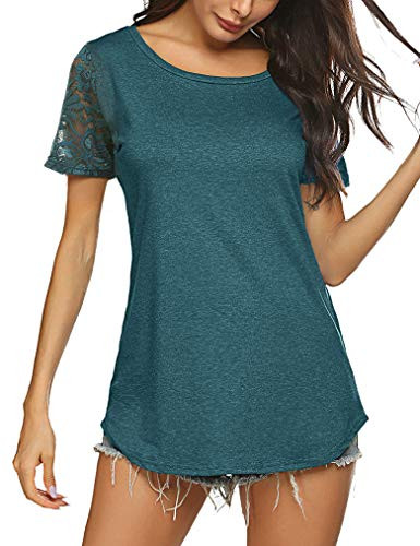 Naggoo Women Plain Lace Blouse Tunic Top Casual Summer Crew Neck T Shirt Dark Green L