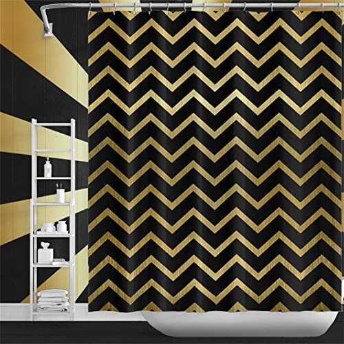 Qinunipoto 60x72inch Black and Gold Chevron Shower Curtain Polyester Geometric Pattern Wavy Lines Waterproof Fabric Fashionable Golden Shower Curtain Decor for Home Mater Guest Bathroom Spa Hotel